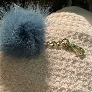 Authentic Michael Kors Blue Fur Pom Pom Keychain with Gold Chain and MK name
